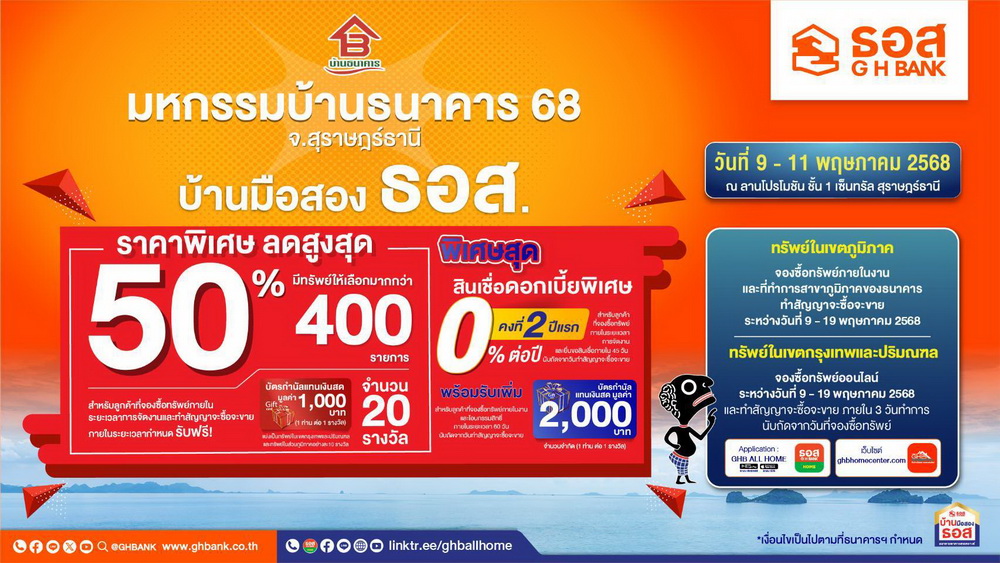 ธอส. ชวนชาวใต้มีบ้านของตนเอง ร่วมงาน "มหกรรมบ้านธนาคาร 68 จ.สุราษฎร์ธานี"   