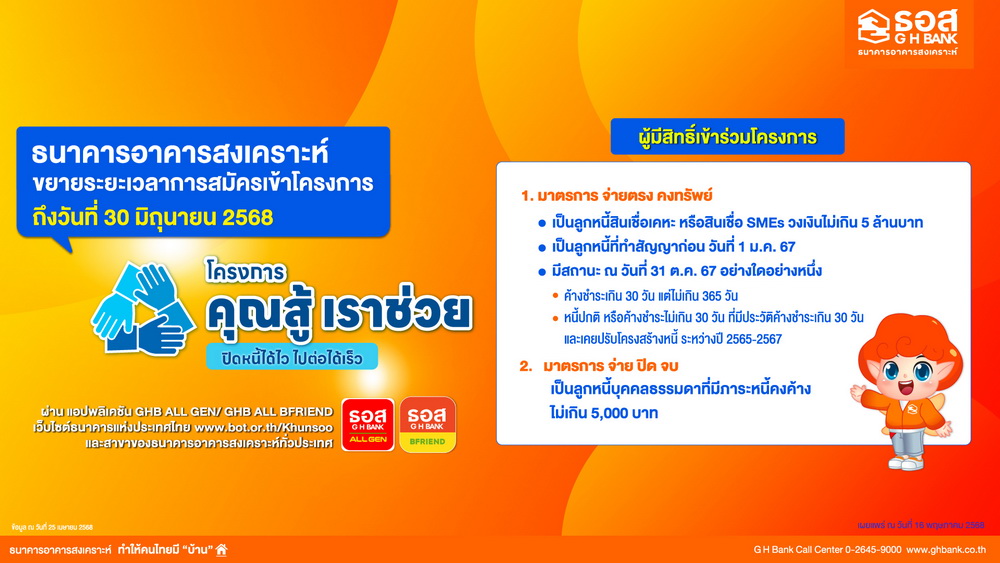 ธอส. ขยายเวลาช่วยคนไทยรักษาบ้านของตนเอง   