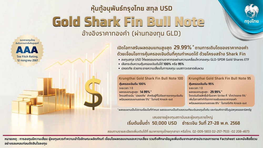 กรุงไทย เสนอขายหุ้นกู้อนุพันธ์ "Krungthai Gold Shark Fin"   